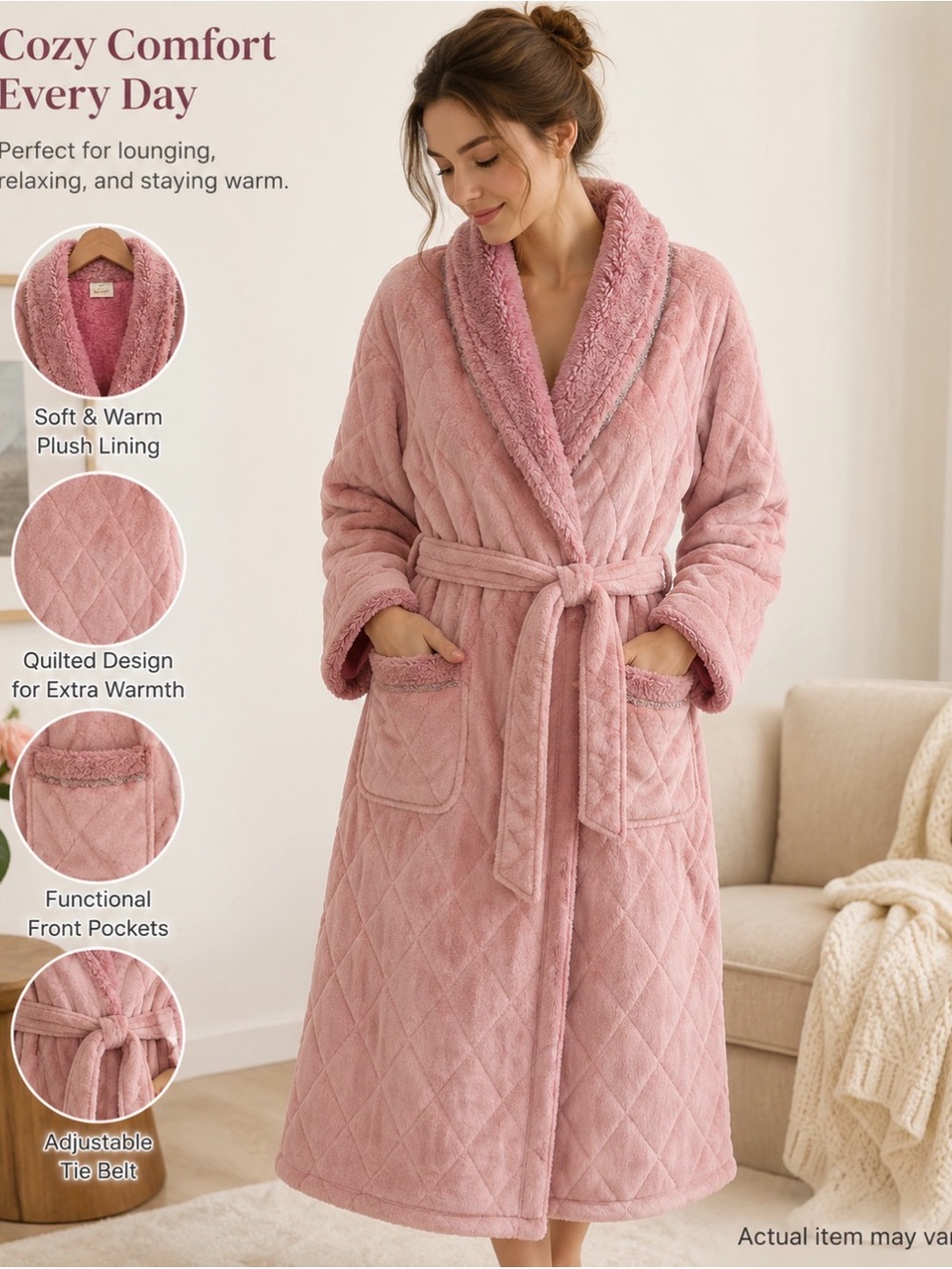 Women’s Pink Quilted Plush Robe Housecoat Belted XL